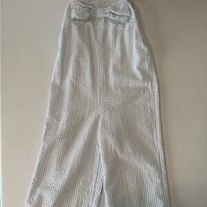Crown & ivy Linen Blue Striped Halter Jumpsuit